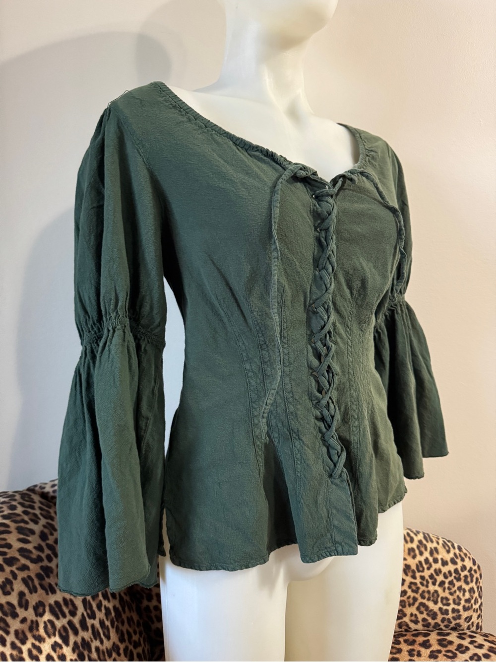 1990s Time Traveler Olive Lace-Up Peasant Top Boho Blouse with Bell Sleeves